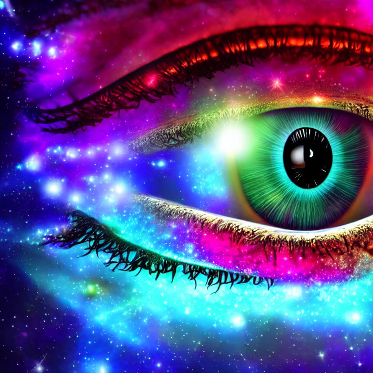 Close-up Eye Image with Galaxy Motif and Cosmic Colors