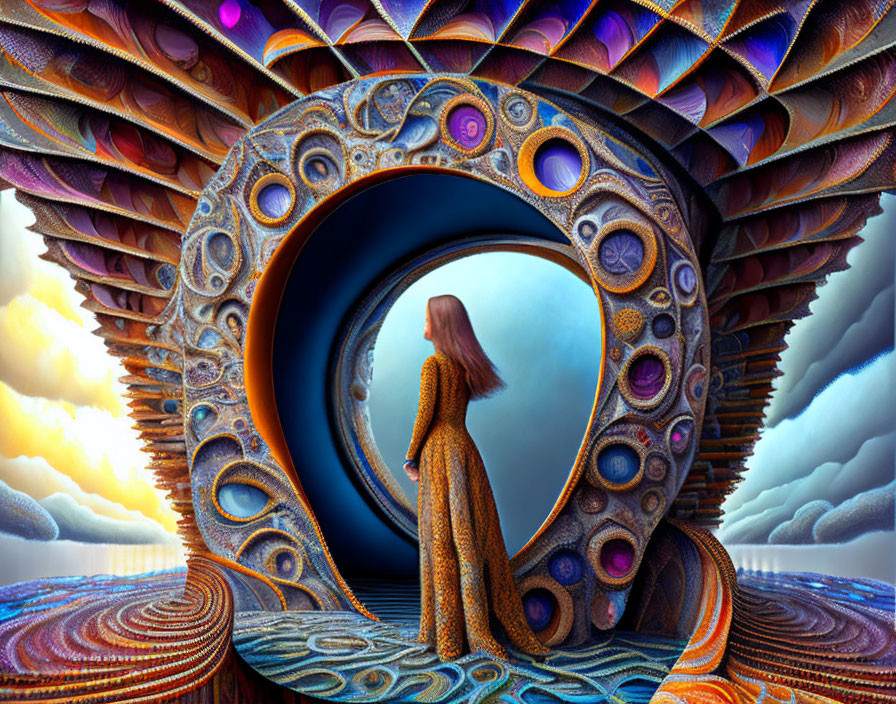 Woman in patterned dress before surreal peacock-shaped portal