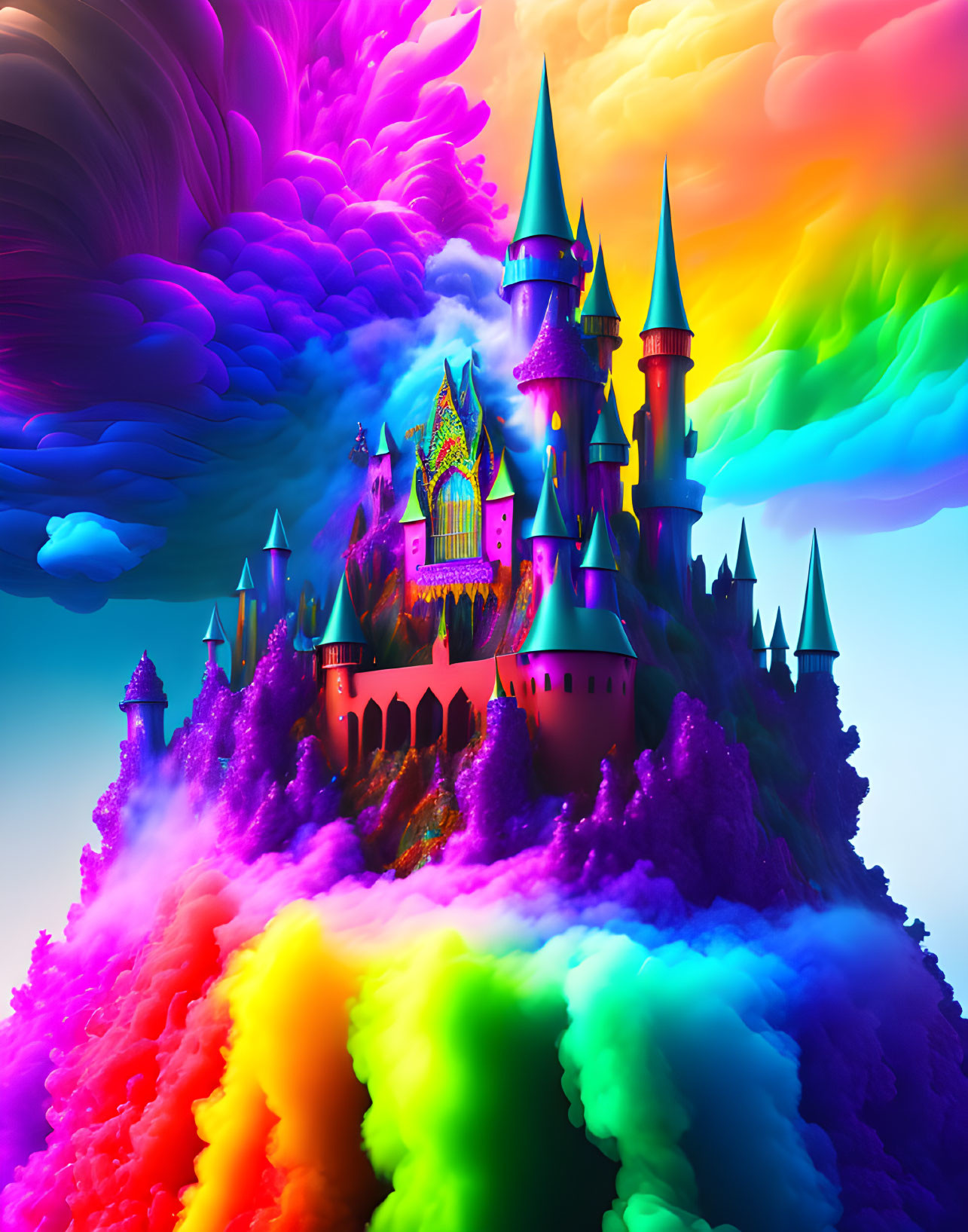 Colorful Castle with Neon Spectrum and Vibrant Clouds