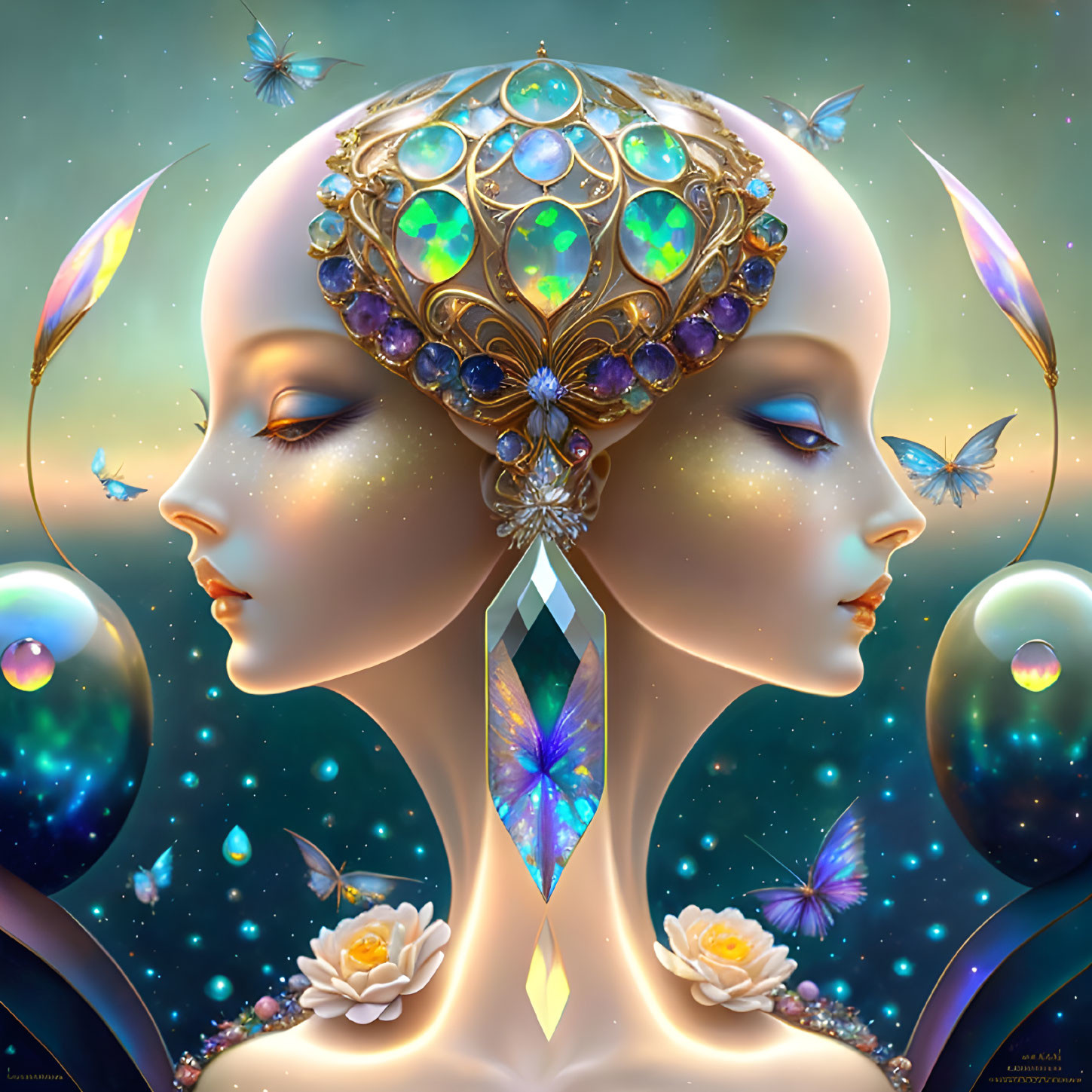 Symmetrical serene faces with gem-encrusted headpieces and cosmic elements