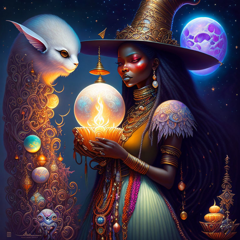 Dark-skinned woman with glowing red eyes holds flaming orb surrounded by cat-like creature and celestial bodies