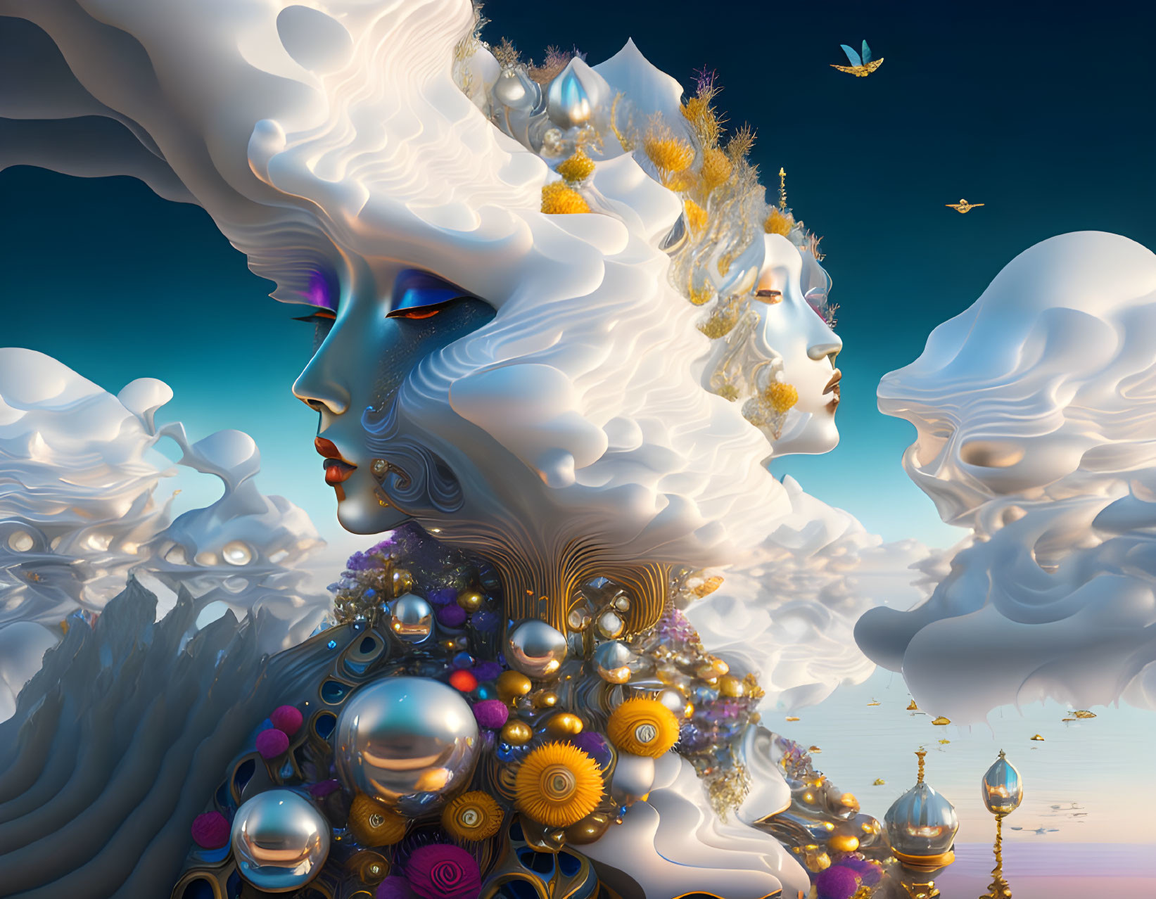 Abstract surreal artwork: ornate faces, serene expressions, blue sky, metallic orbs