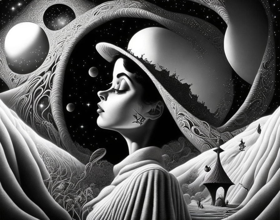 Monochromatic surreal artwork: Woman's profile, celestial bodies, intricate patterns