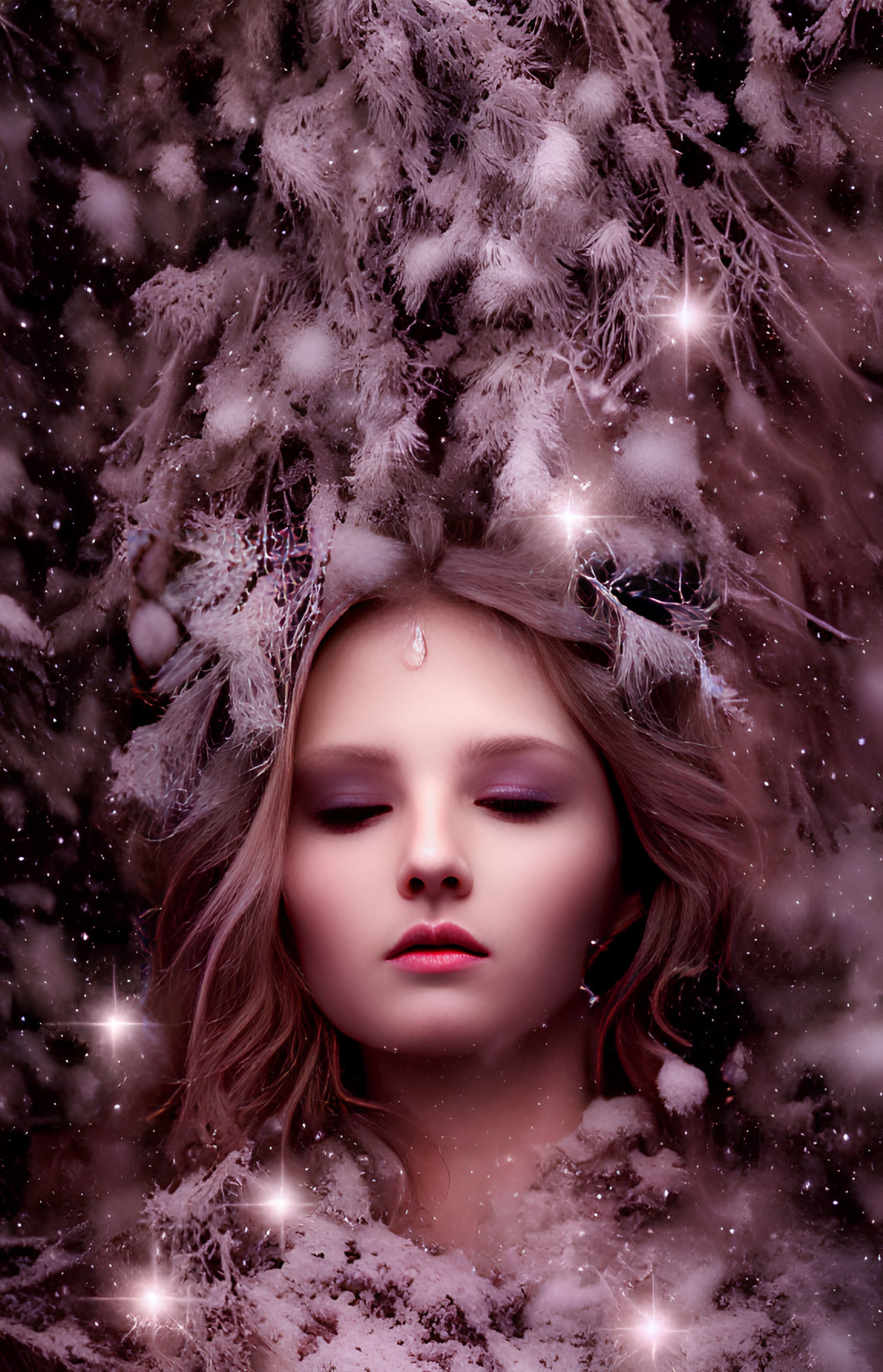 Serene woman in mystical winter setting surrounded by snow-covered branches