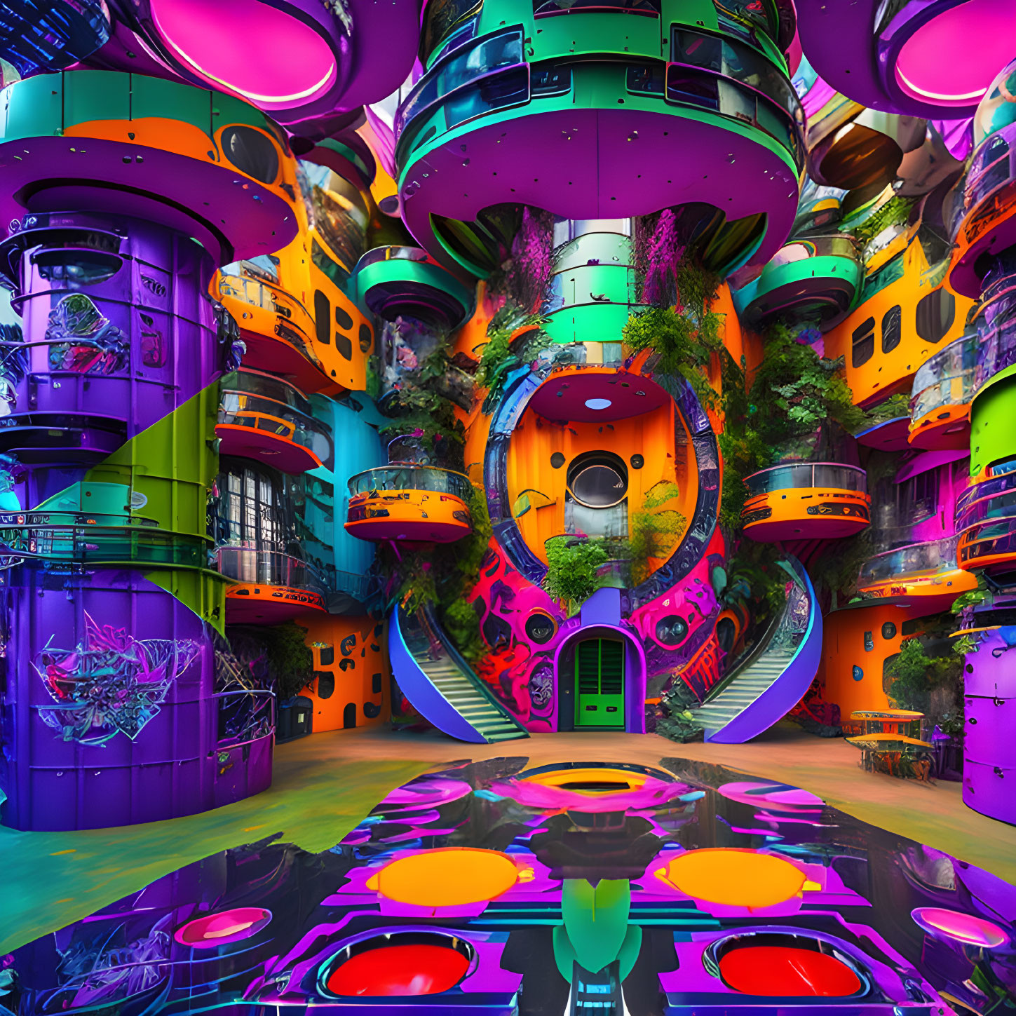 Colorful futuristic interior with layered cylindrical structures and artistic graffiti.