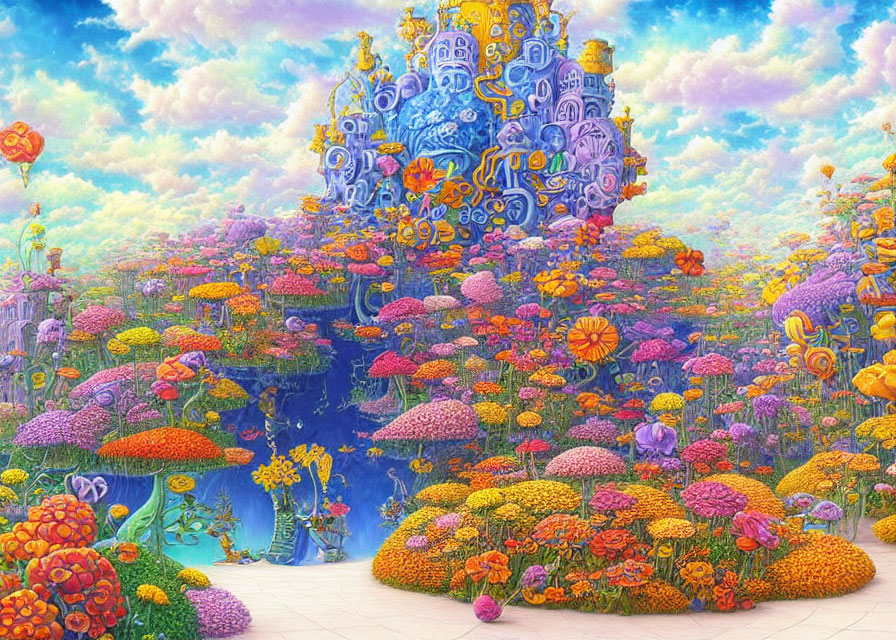 Colorful Flowers and Blue Castle in Fantasy Landscape