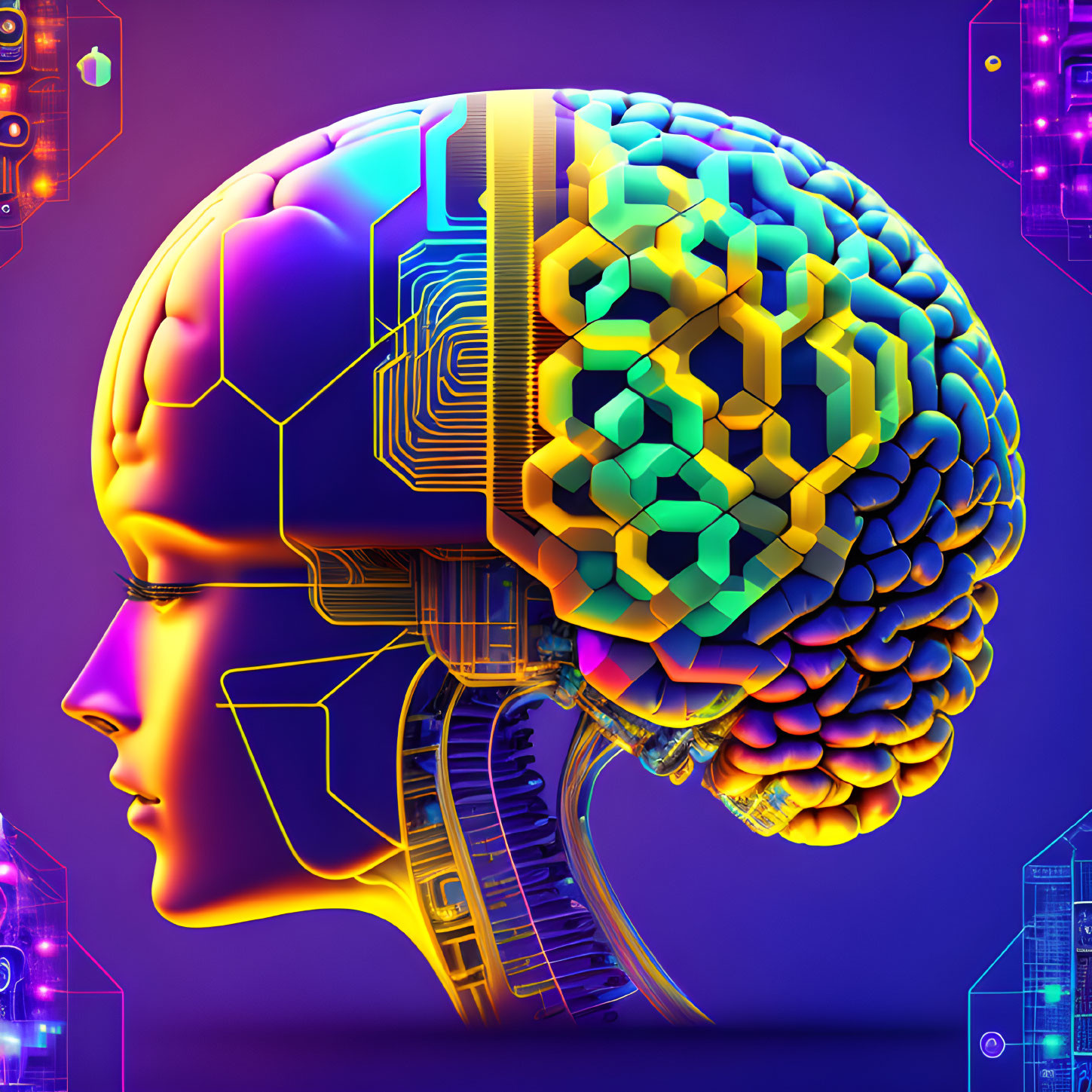 Human head profile merging with digital brain: AI symbol with circuit patterns & colorful lobes