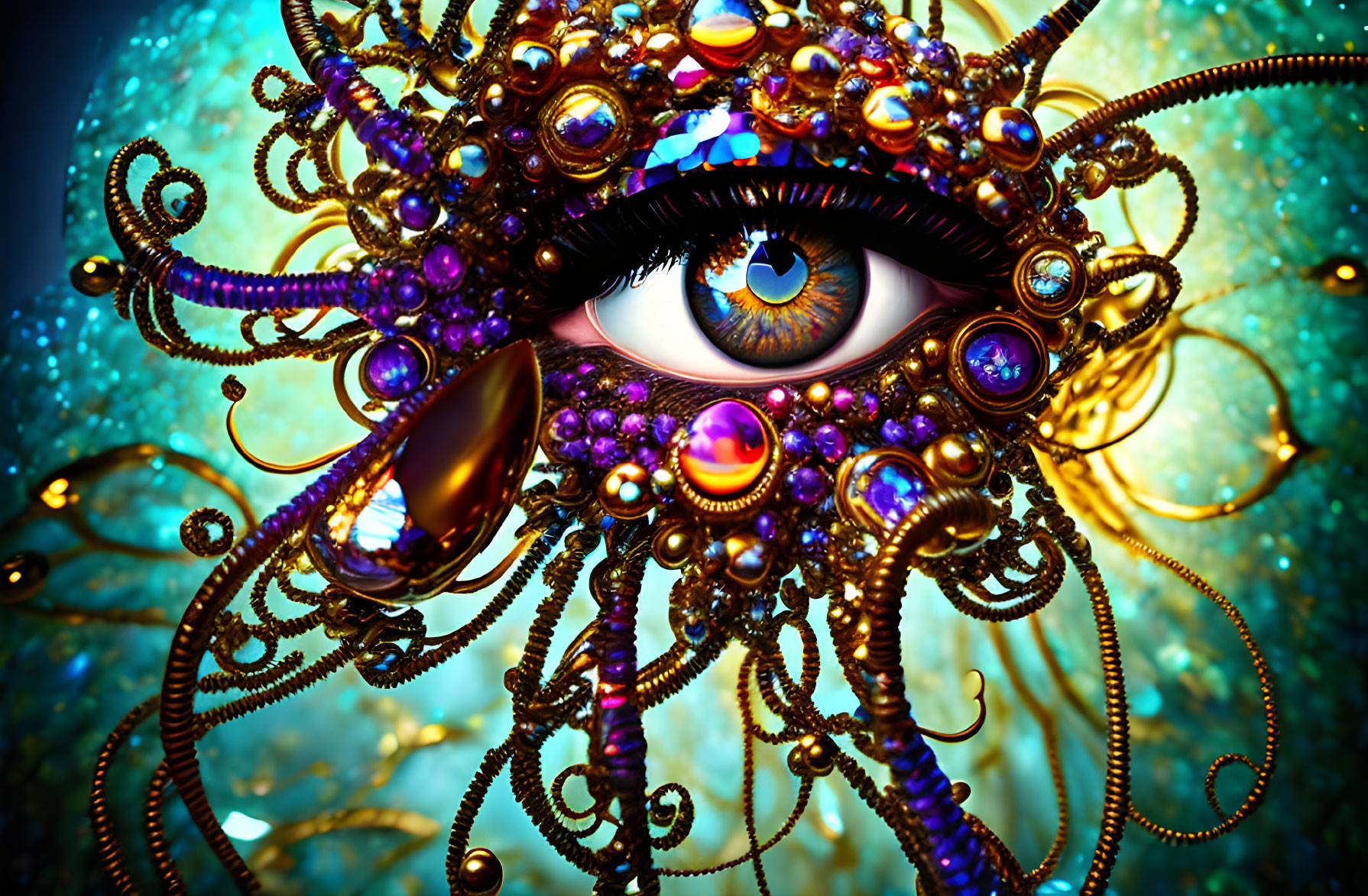 Ornate surreal eye surrounded by jewel-encrusted tendrils