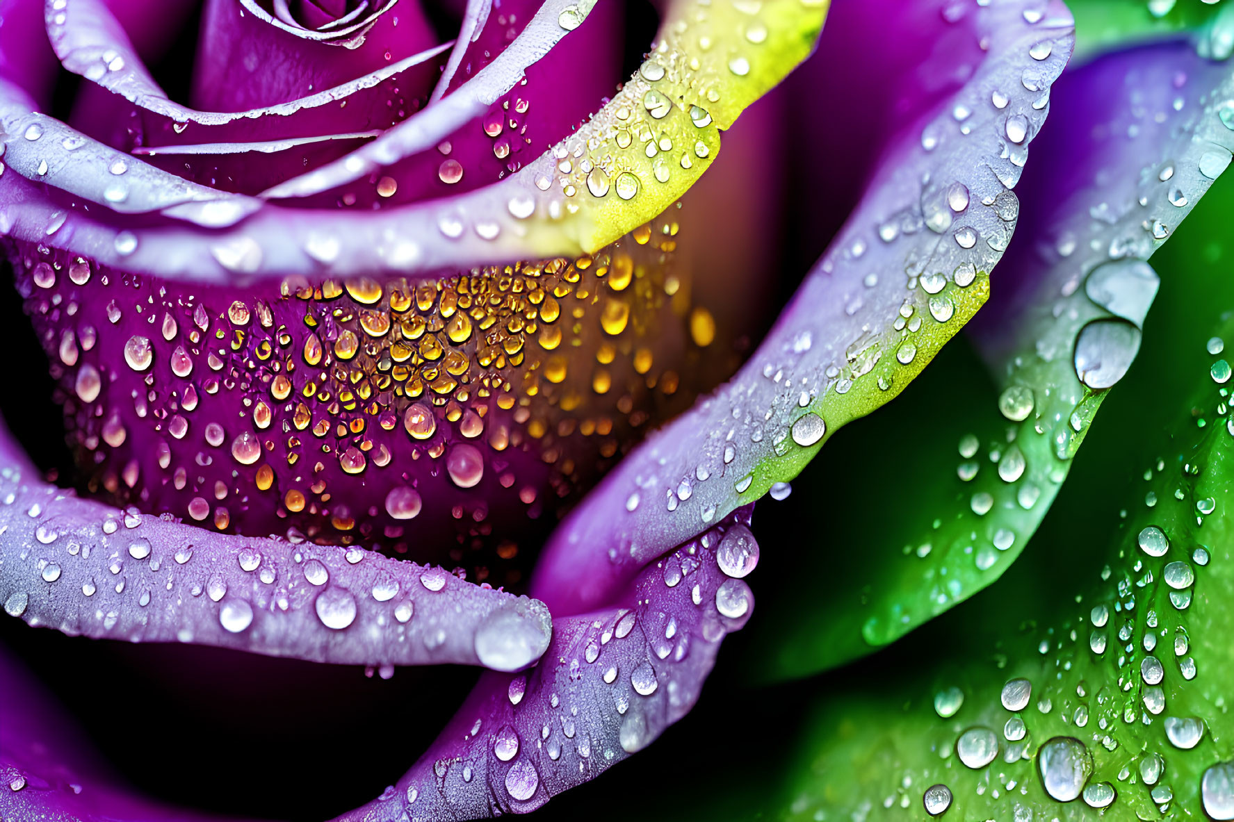 Close-Up of Purple and Green Rose with Dewdrops