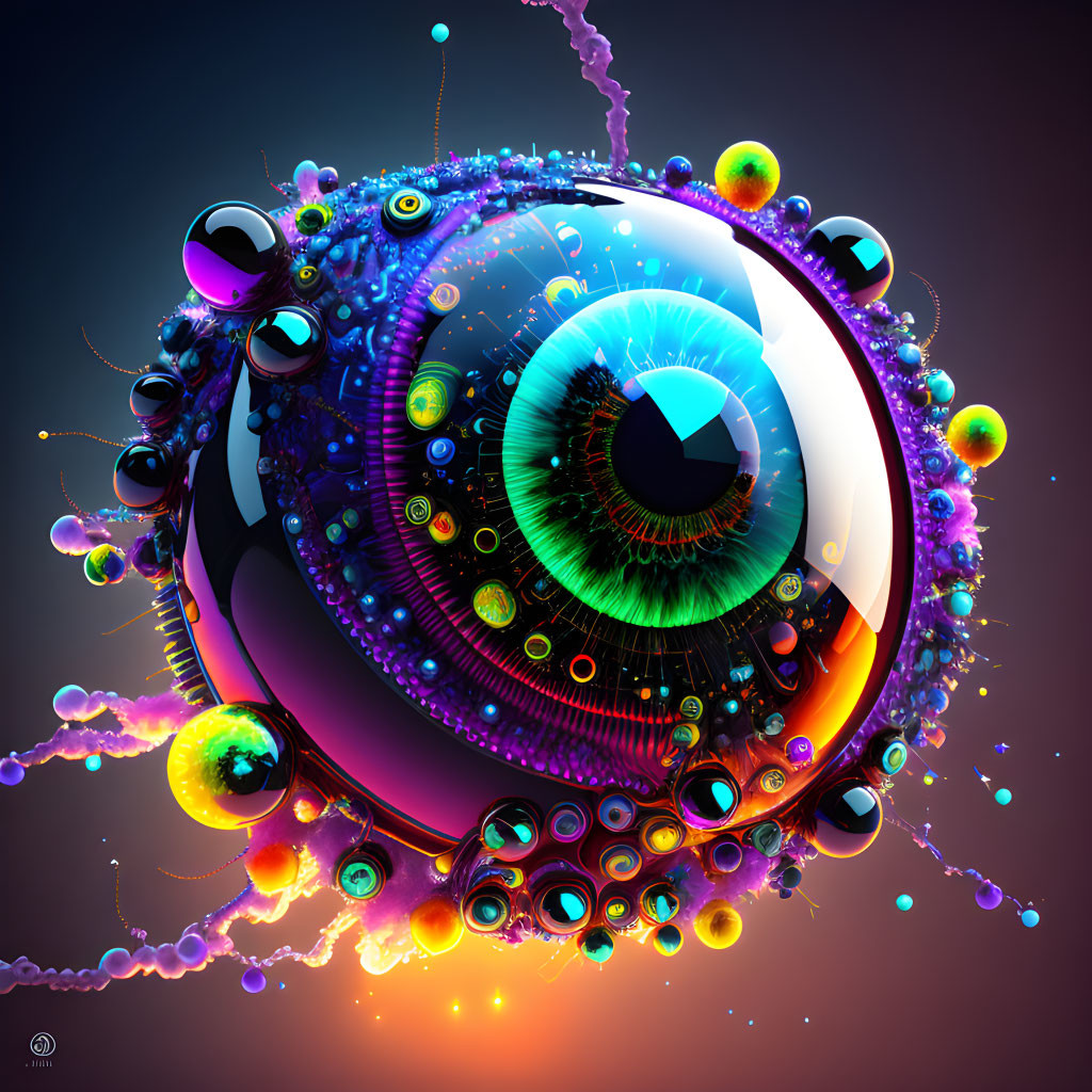 Colorful surrealistic eyeball surrounded by bubbles and liquid splashes