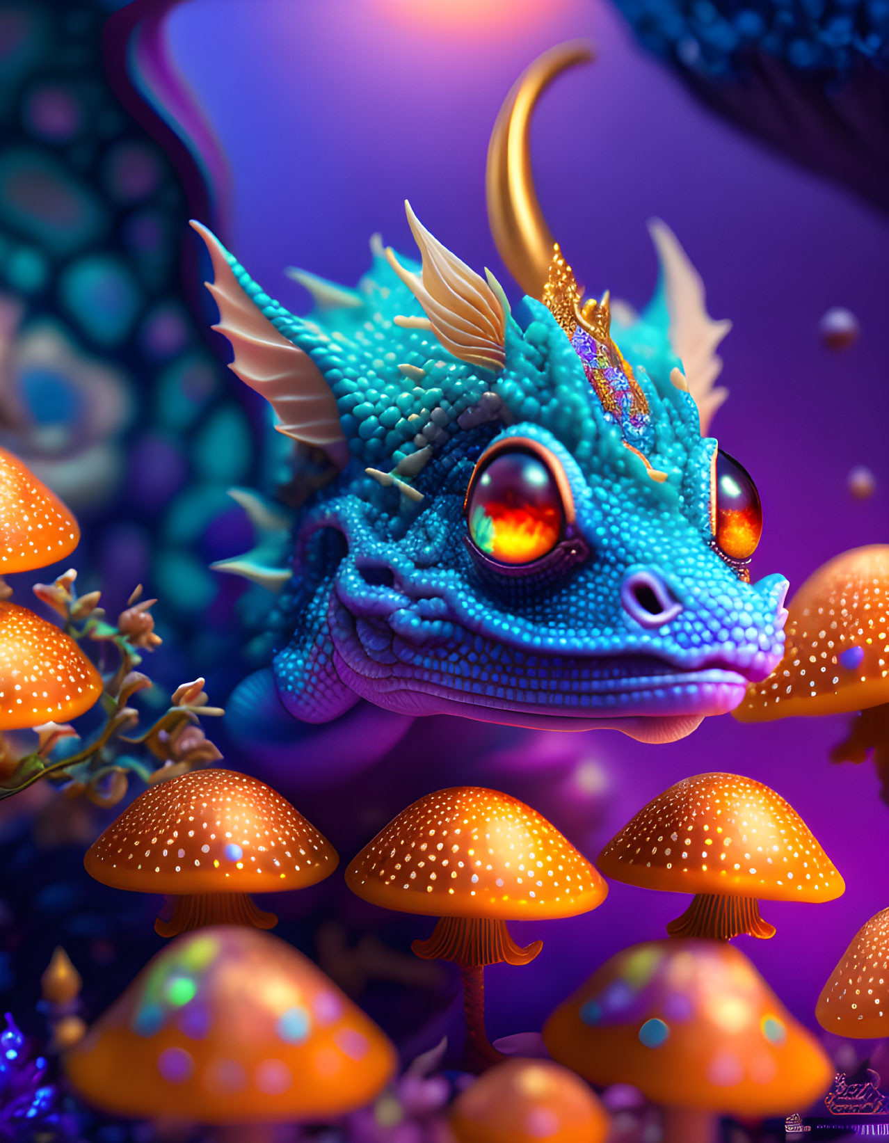 Colorful Blue Dragon with Orange Eyes and Gold-Tipped Scales on Purple Background