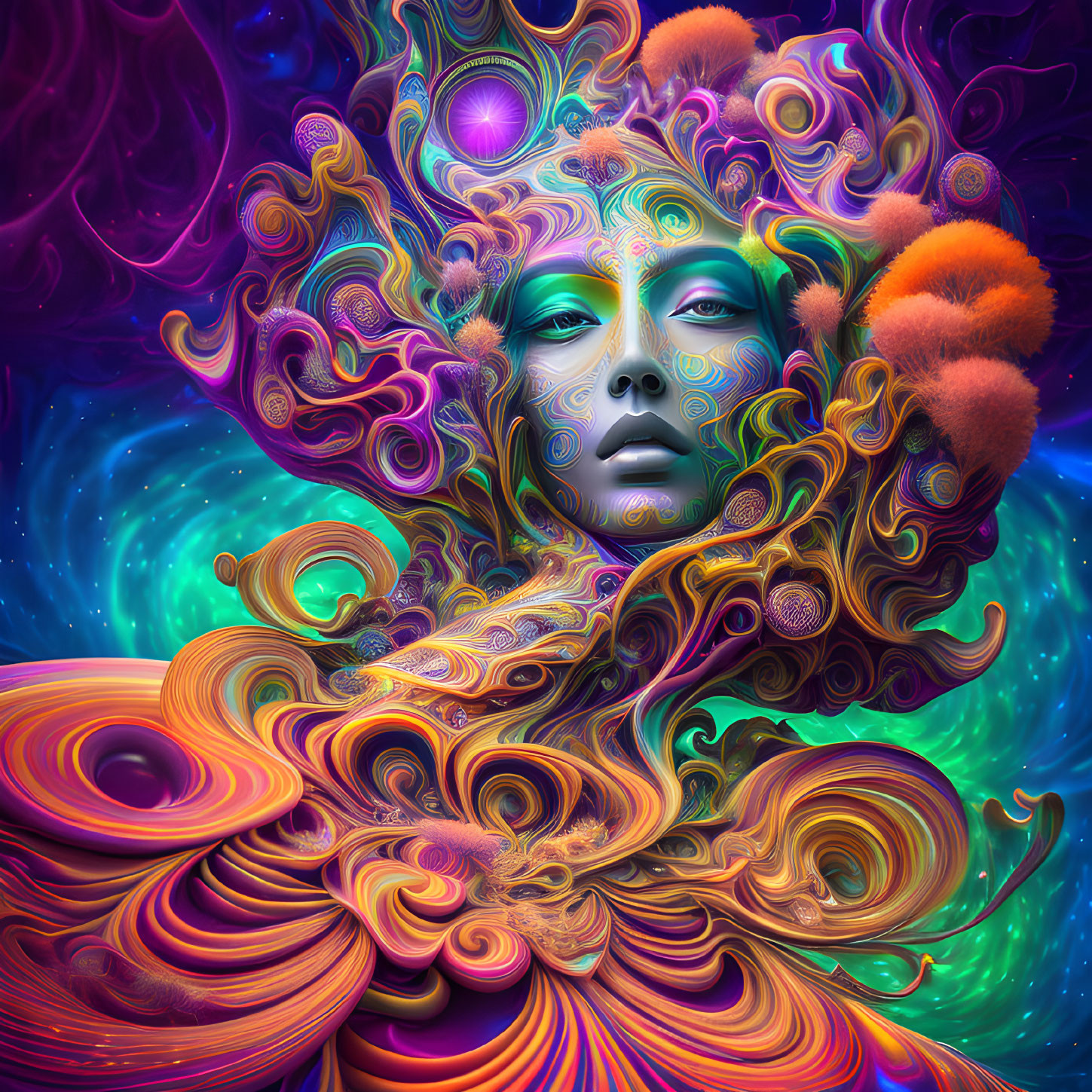 Colorful Psychedelic Portrait of Woman with Swirling Hair