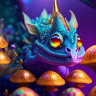 Colorful Blue Dragon with Orange Eyes and Gold-Tipped Scales on Purple Background