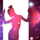 Cosmic Patterned Woman Emerging into Nebula Universe