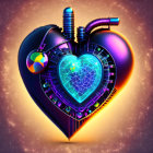 Colorful Mechanical Heart with Glowing Blue Core on Golden Background