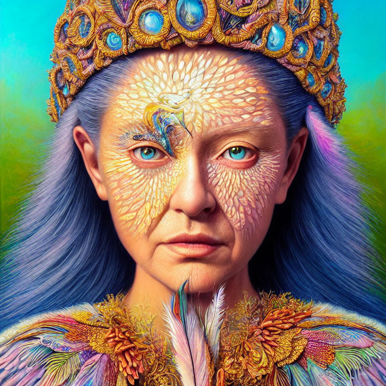 Colorful portrait of person with blue hair, golden headwear, feather-like details, and textured skin