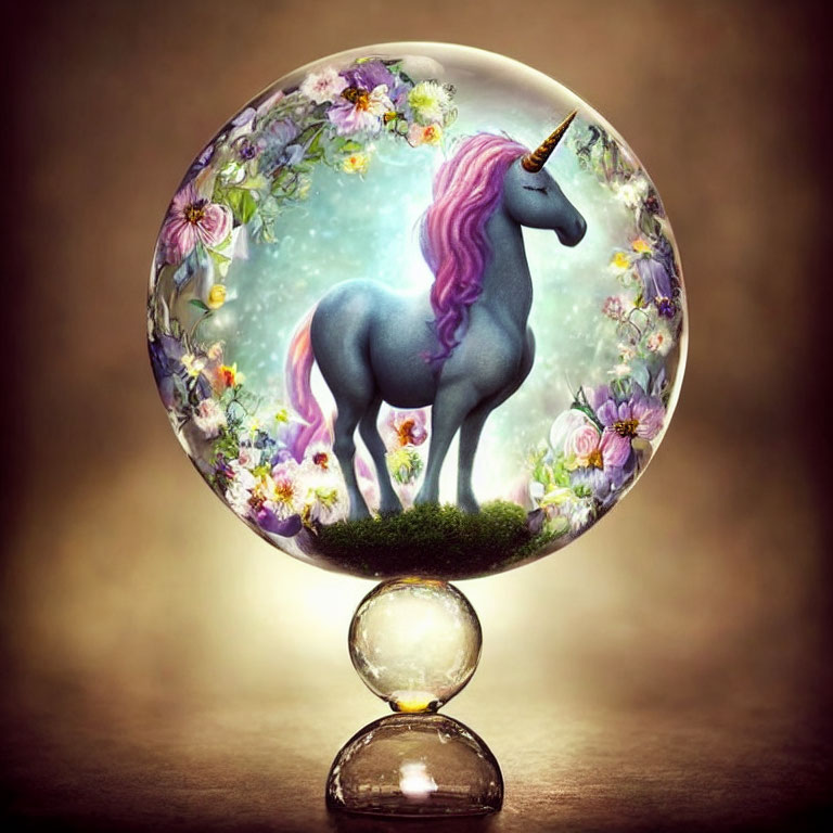 Majestic unicorn with pink mane in crystal ball on floral scene