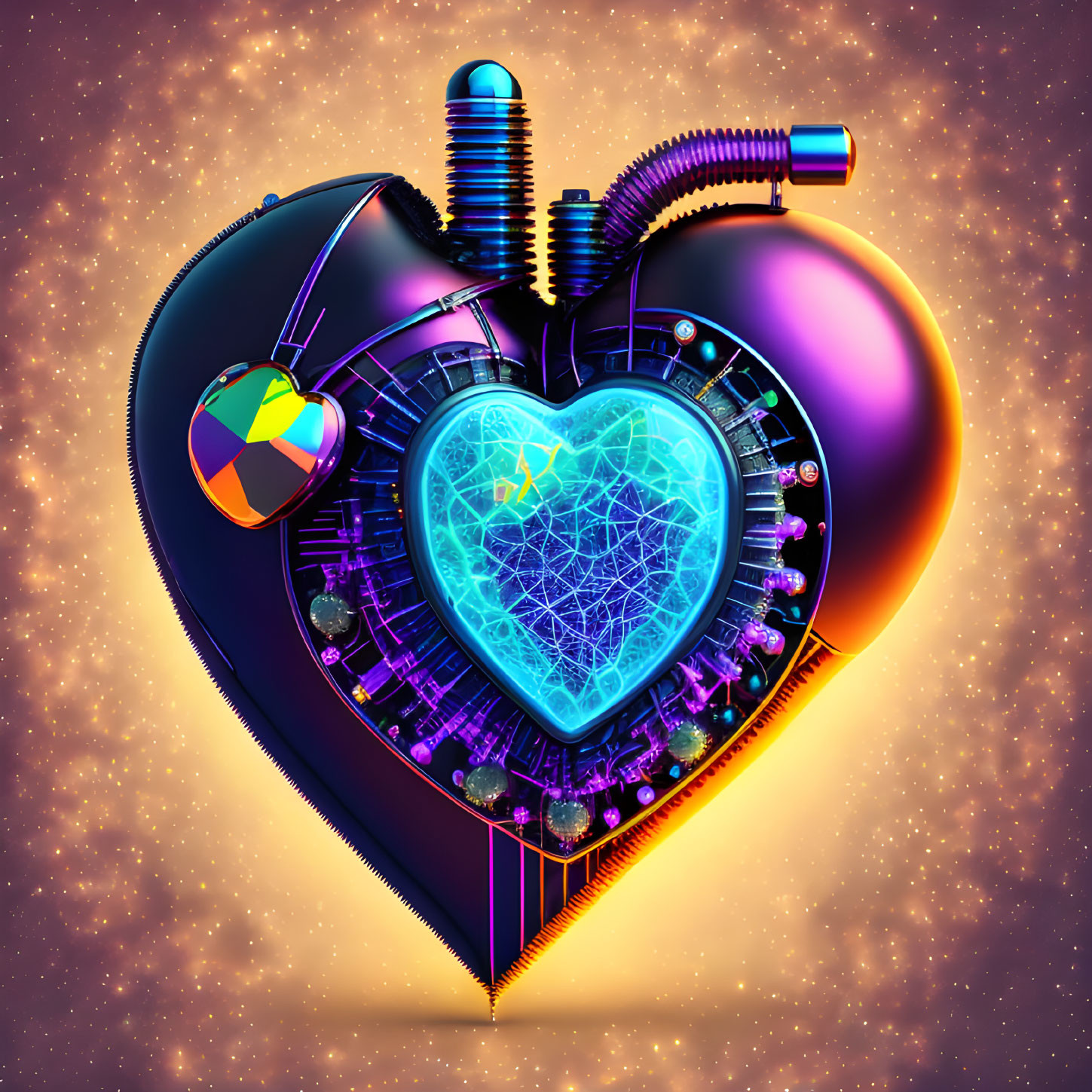 Colorful Mechanical Heart with Glowing Blue Core on Golden Background