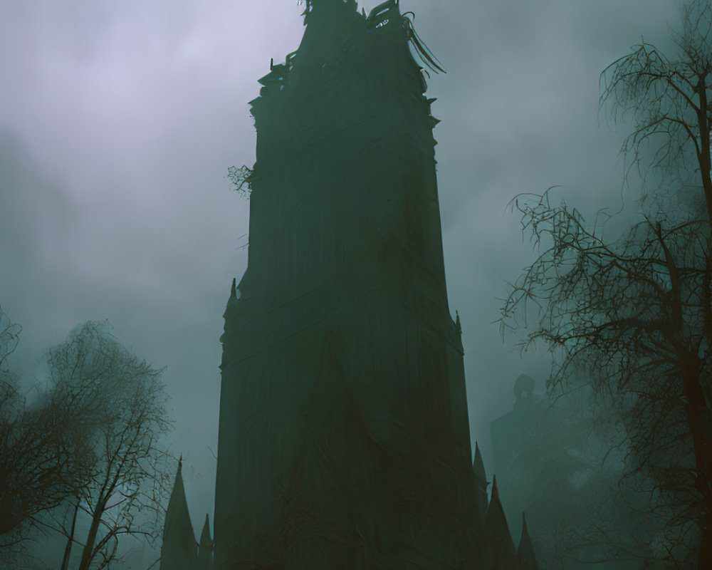 Gothic tower in mist with bare trees under overcast sky