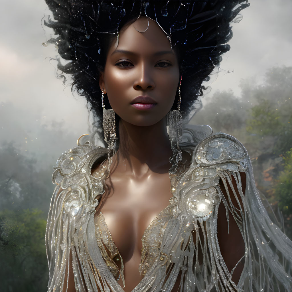 Regal woman with ornate headpiece and golden garment in misty backdrop