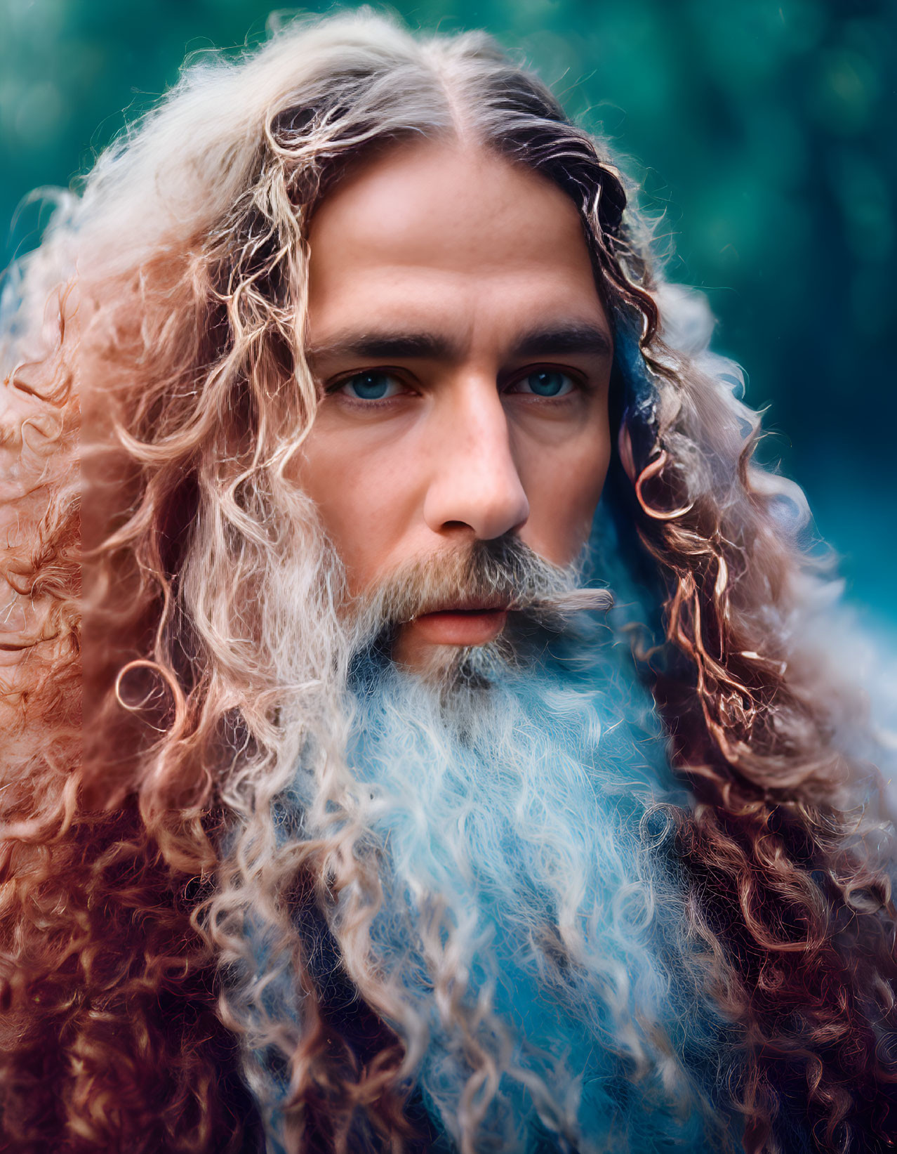 Portrait of a man with long curly hair, beard, blue eyes, and piercing gaze