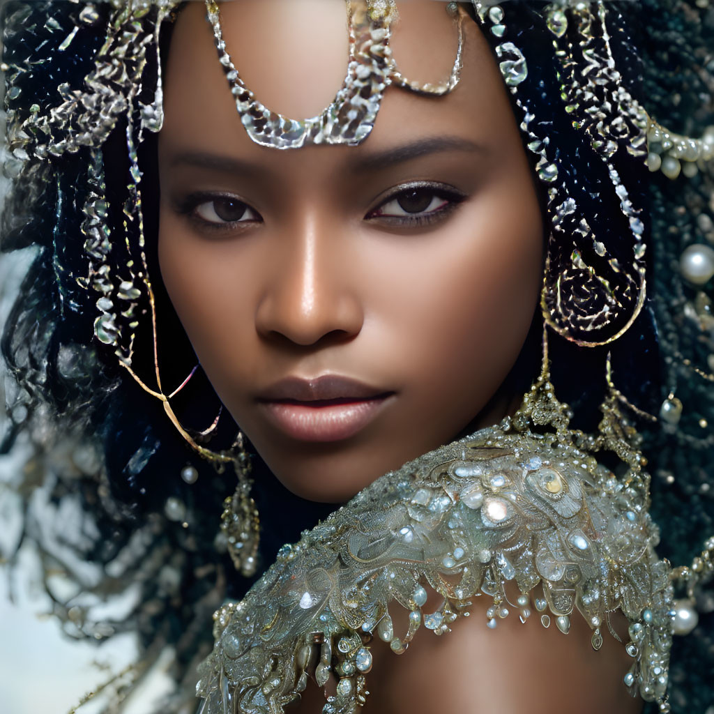 Ornately adorned woman with jewelry poses against light backdrop