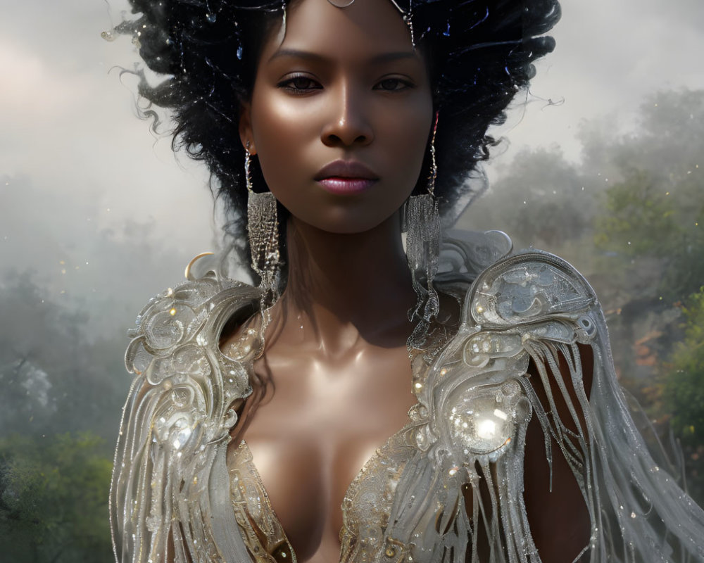 Regal woman with ornate headpiece and golden garment in misty backdrop