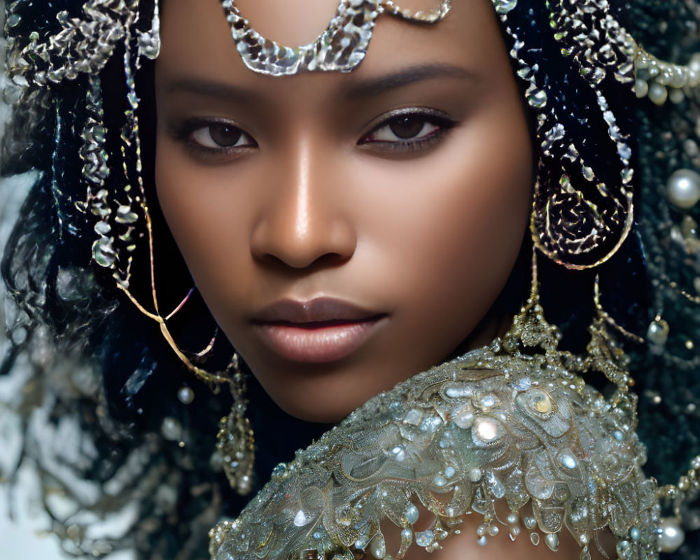 Ornately adorned woman with jewelry poses against light backdrop