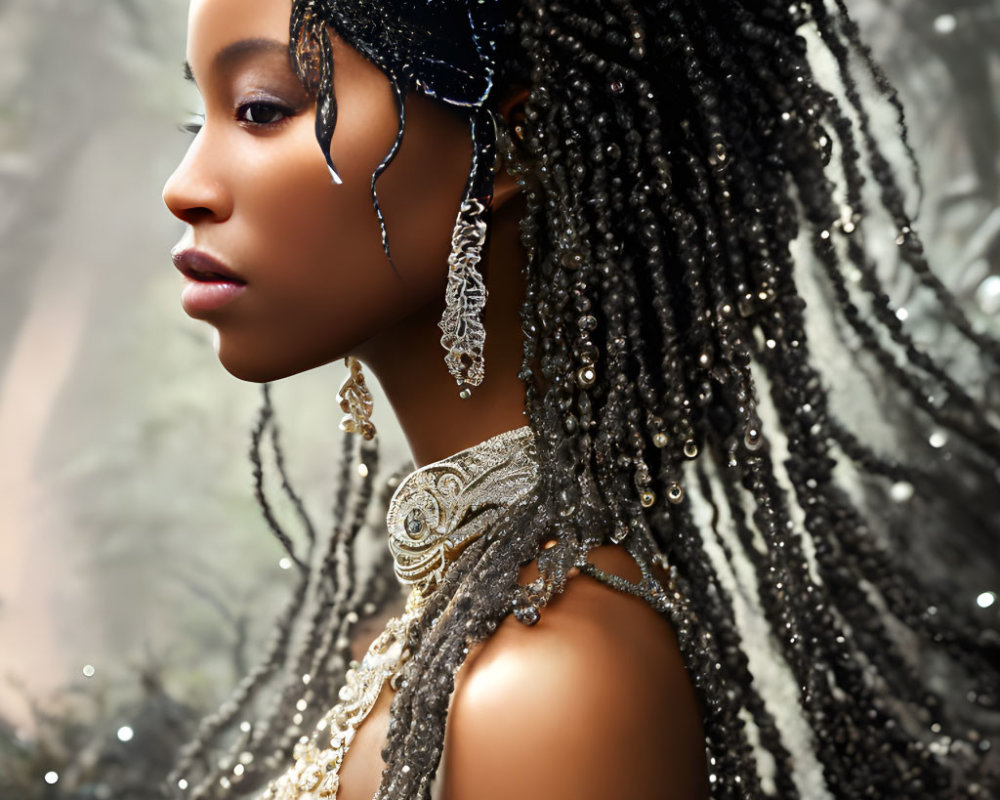 Elaborately braided hair with beads, shells, and intricate metalwork in misty forest setting