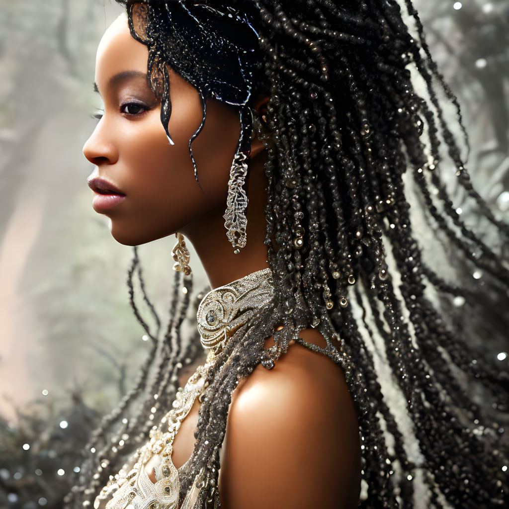 Elaborately braided hair with beads, shells, and intricate metalwork in misty forest setting