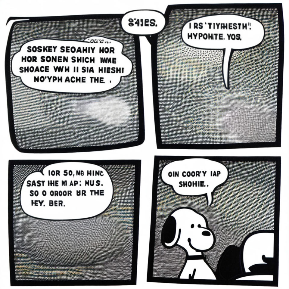 Four-panel comic strip with zoomed-in speech bubbles featuring a dog in the final panel