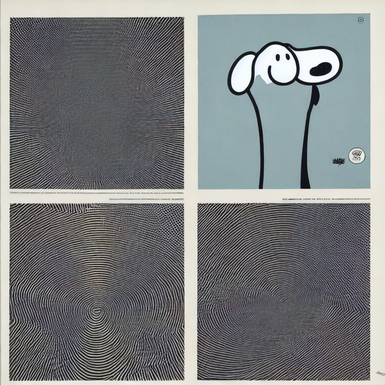 Abstract wavy line patterns and cartoon dog head in four-panel artwork