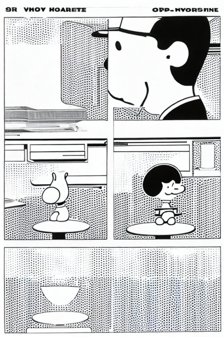 Four-panel black and white comic strip profiles man, bird, child, and food bowl