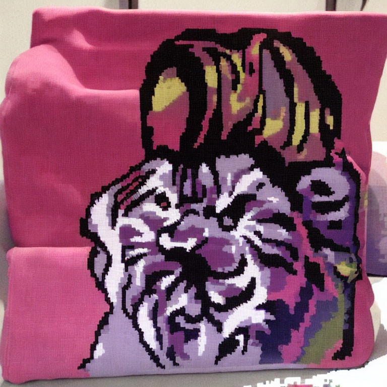 Pixelated Tiger Face Abstract Design Cushion in Pink, Black, Purple