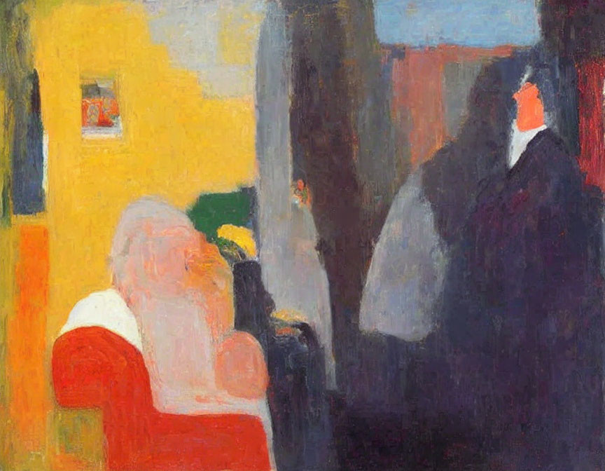 Vibrant abstract painting of two seated figures against yellow wall with red accents