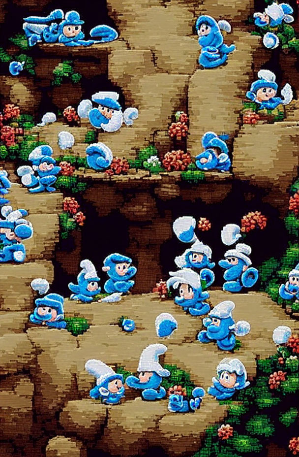 Multiple Smurfs characters in forest pixel art.