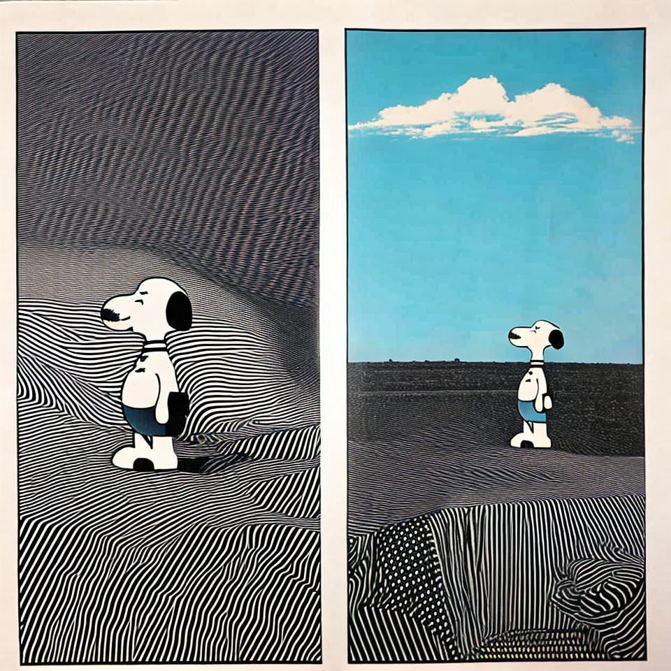 Split-image artwork: Cartoon dog in black and white waves and blue sky desert