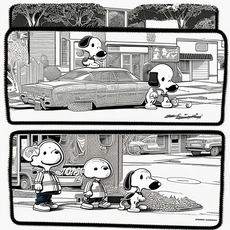 Black and white illustration of Peanuts characters with Snoopy and classic car on city street