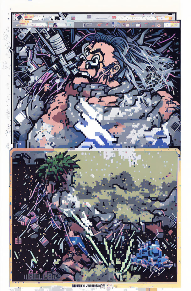 Pixelated muscular character with grizzled beard in dynamic pose with debris in comic panel format