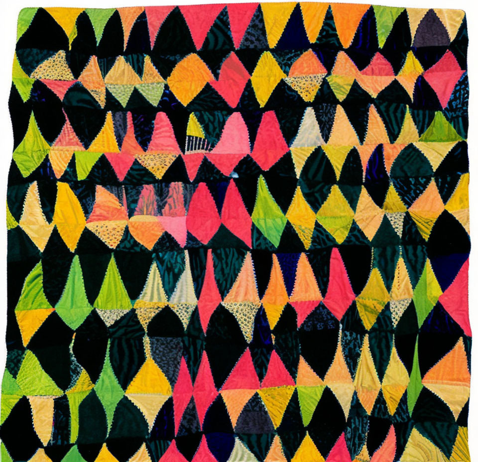 Vibrant geometric patchwork quilt with triangles and diamond shapes