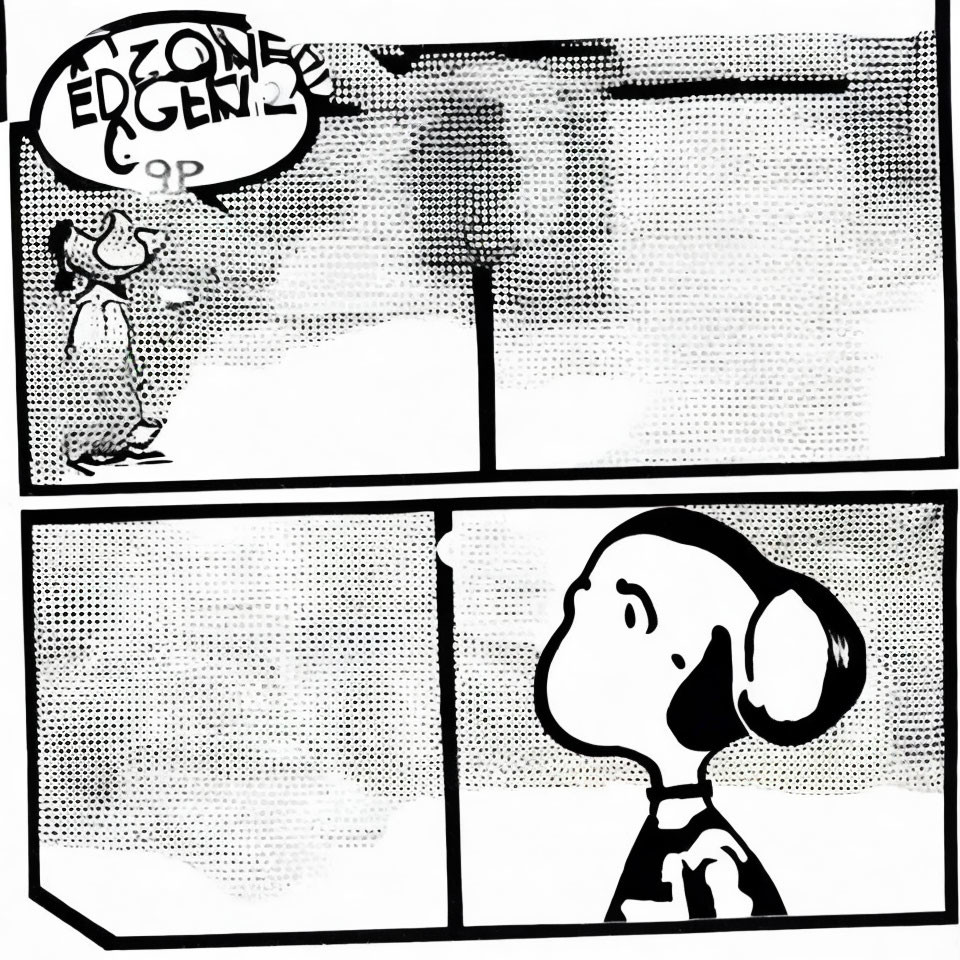 Monochrome comic strip with dog contemplating "EZ GONE" in thought bubble