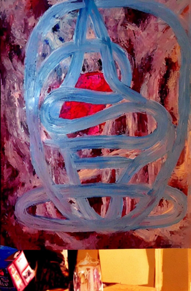 Abstract Painting: Blue Swirl on Mottled Background with Red Accents