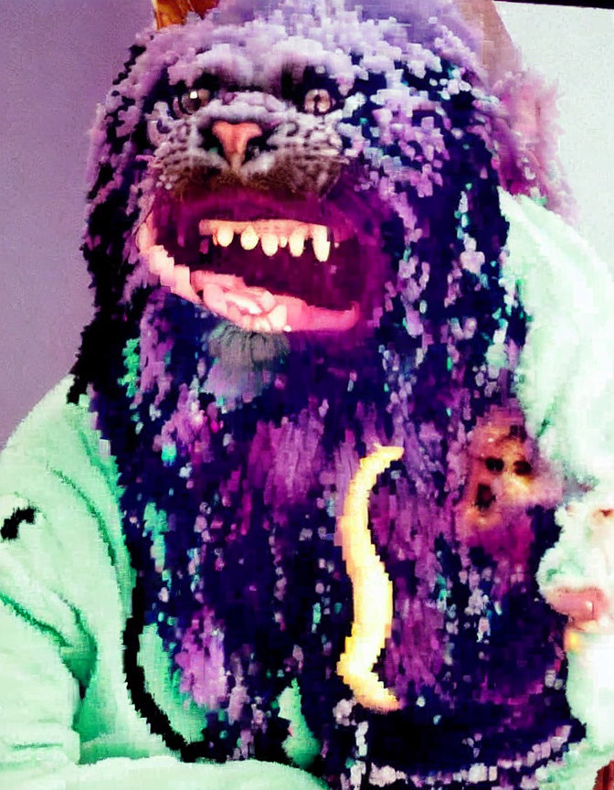 Pixelated purple-faced creature with dog-like features in green garment