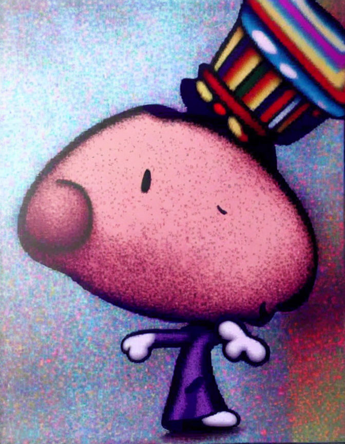 Bald cartoon character in purple shirt with striped hat