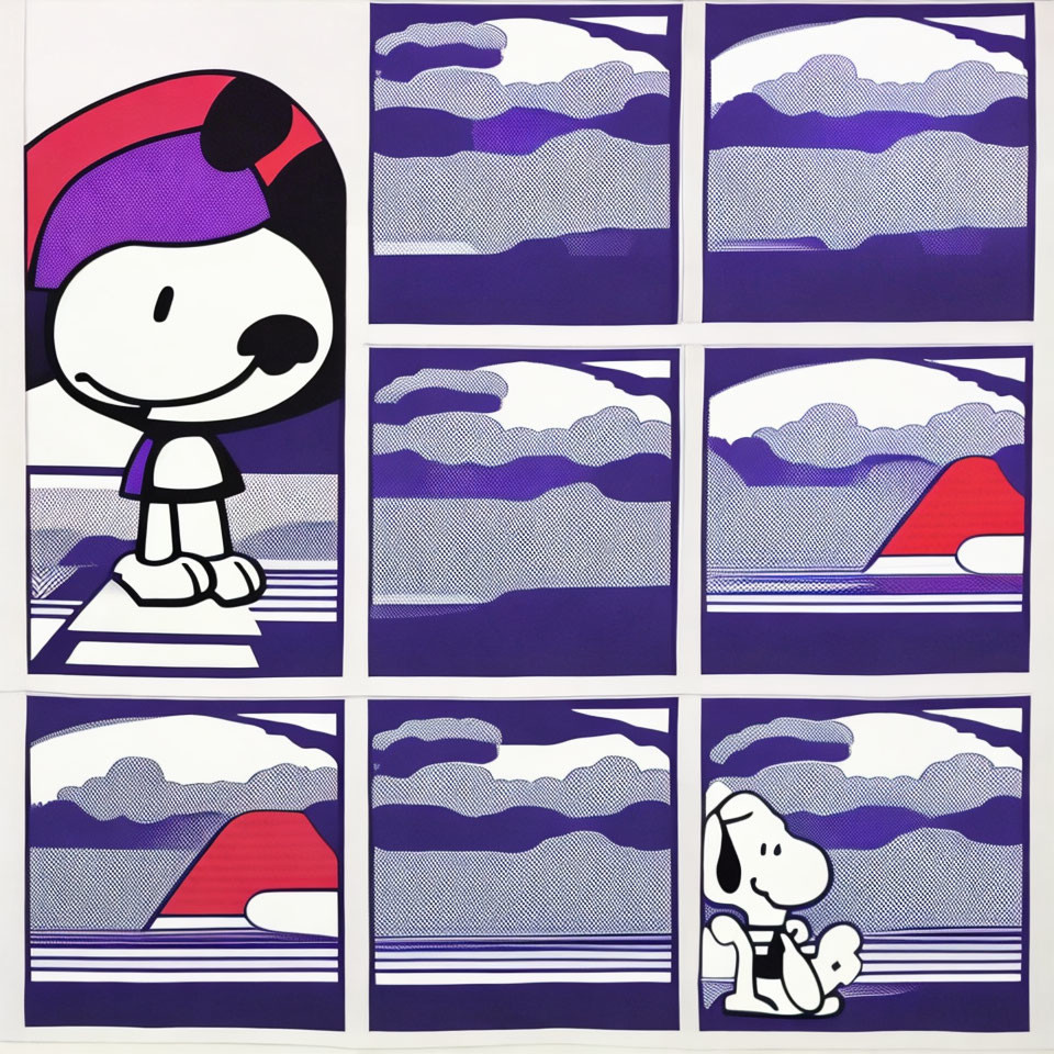 Pop art triptych: Snoopy in poses with purple mountain landscape