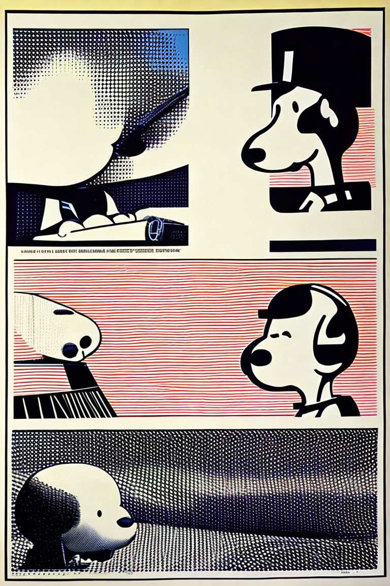 Pop Art Style Four-Panel Artwork of Cartoon Dog Characters in Thoughtful Musical Scenes