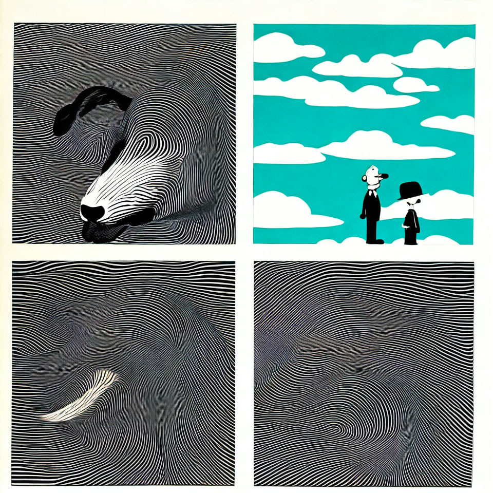 Abstract Bull, Feather, and People Artwork in Four Panels