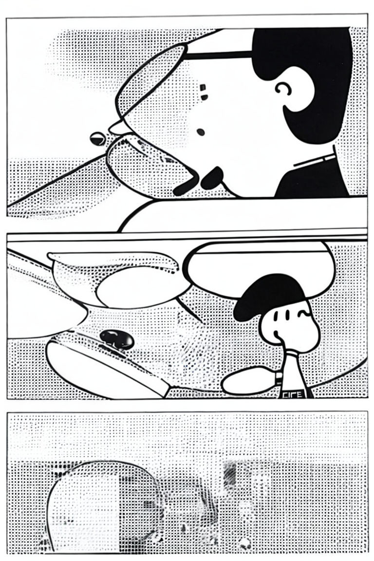 Monochrome comic strip: Character blows bubble, pops.