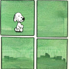 Four-panel comic with dog sitting alone and green textures