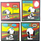 Colorful Snoopy Panels in Various Poses Against Abstract Cityscapes